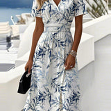 Elegantní Midi Květinové Šaty pro Ženy s Výstřihem do V – Rozšířená Silueta s Krátkým Rukávem