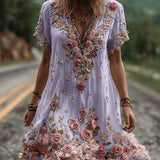 Robe Col V Brodée Fleurie – Élégance Florale et Style Romantique