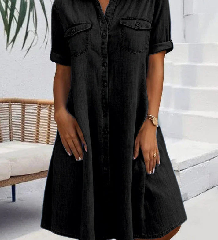 Elegantní Midi Denim Košilová Šaty pro Ženy – Ležérní Každodenní Šaty
