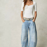 Dámské džíny Barrel Large Jambe Large Taille Moyenne Stretch – Ležérní Denim Baggy