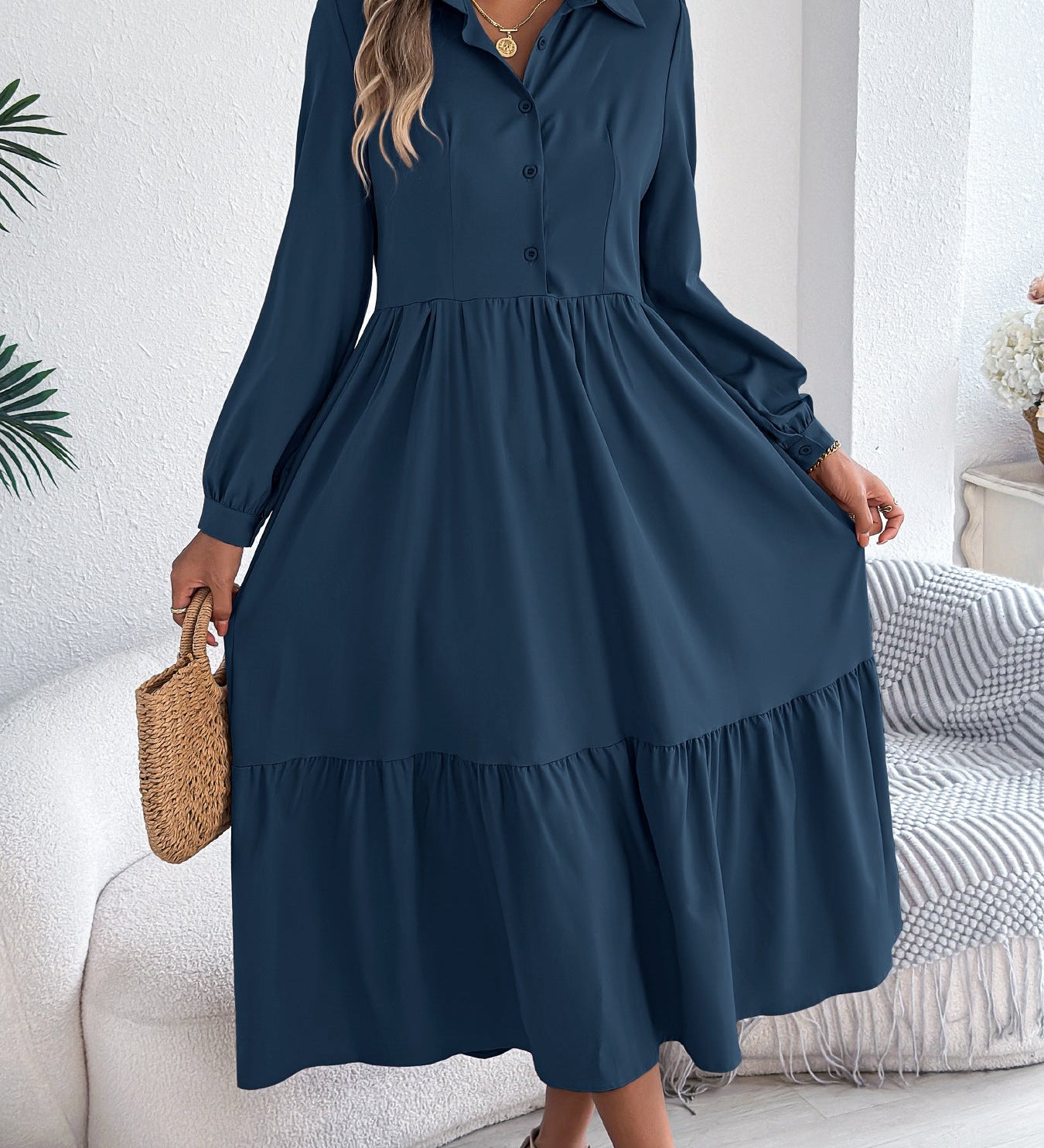 Šaty Chemise s Volány pro Ženy – Relaxovaný Střih, Dlouhé Rukávy, Elegantní Midi