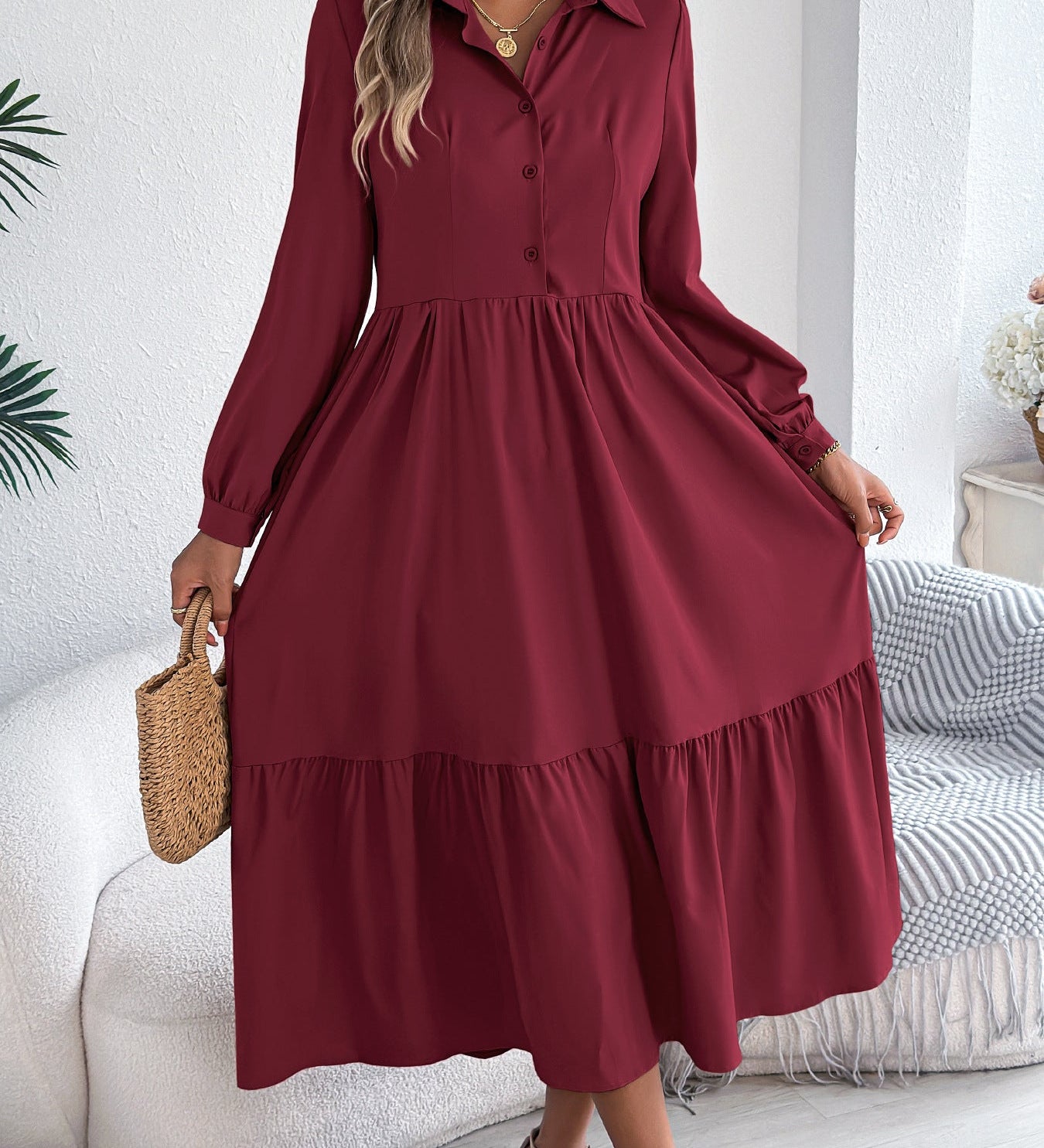 Šaty Chemise s Volány pro Ženy – Relaxovaný Střih, Dlouhé Rukávy, Elegantní Midi