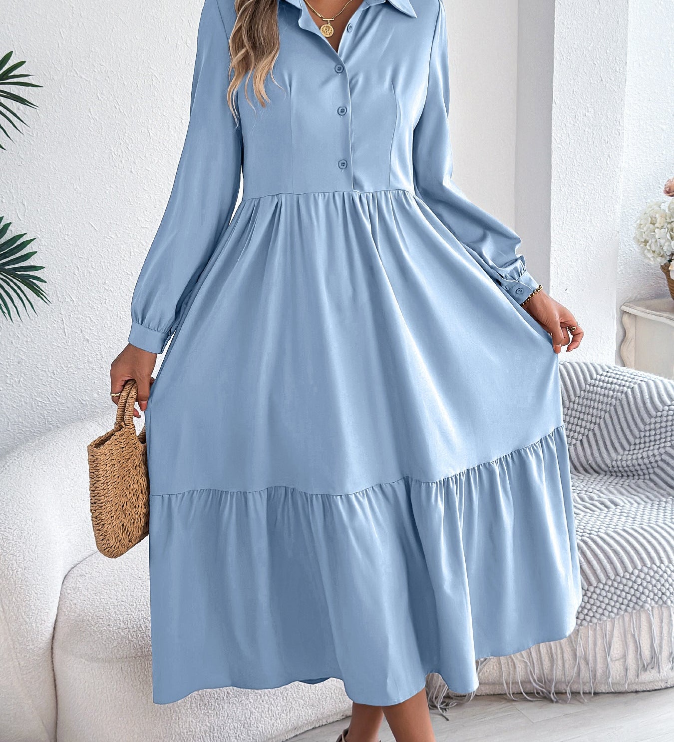 Šaty Chemise s Volány pro Ženy – Relaxovaný Střih, Dlouhé Rukávy, Elegantní Midi