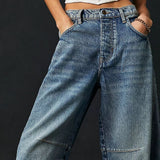 Dámské džíny Barrel Large Jambe Large Taille Moyenne Stretch – Ležérní Denim Baggy