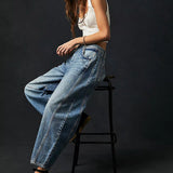 Dámské džíny Barrel Large Jambe Large Taille Moyenne Stretch – Ležérní Denim Baggy