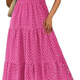 Dlouhá Pružná Plážová Šaty pro Ženy – Styl V-krku s Krátkým Rukávem Eyelet
