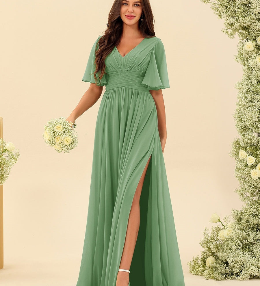 Elegantní Dlouhá Chiffonová Šaty – Plynulá A-Linie s Bočním Rozparkem a Volány