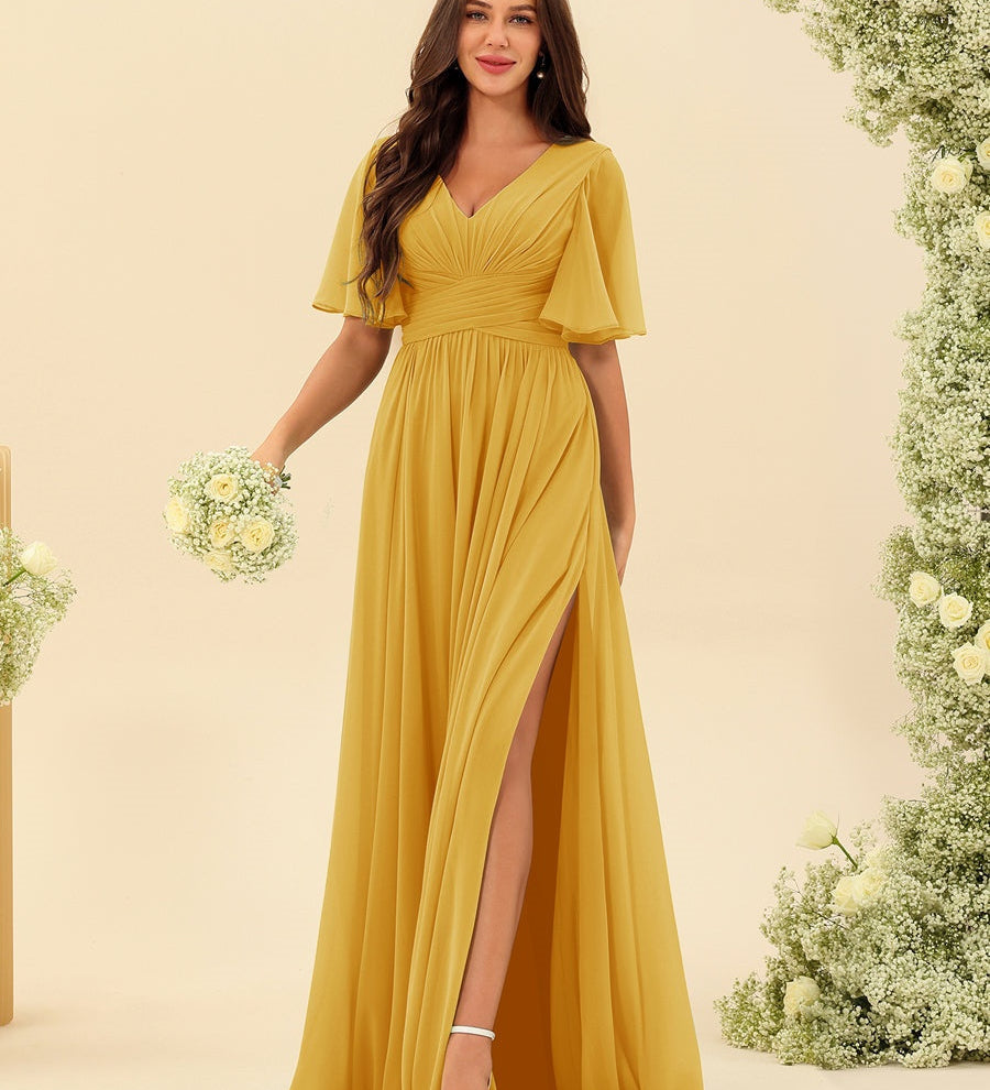 Elegantní Dlouhá Chiffonová Šaty – Plynulá A-Linie s Bočním Rozparkem a Volány