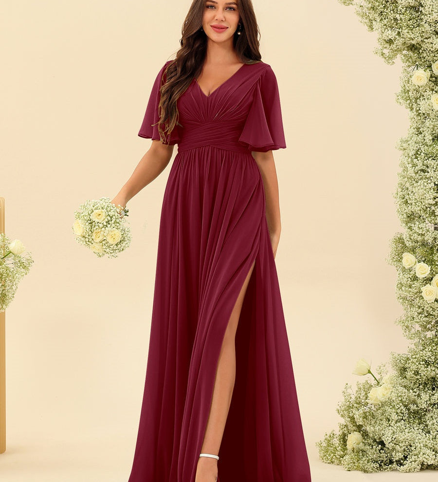 Elegantní Dlouhá Chiffonová Šaty – Plynulá A-Linie s Bočním Rozparkem a Volány