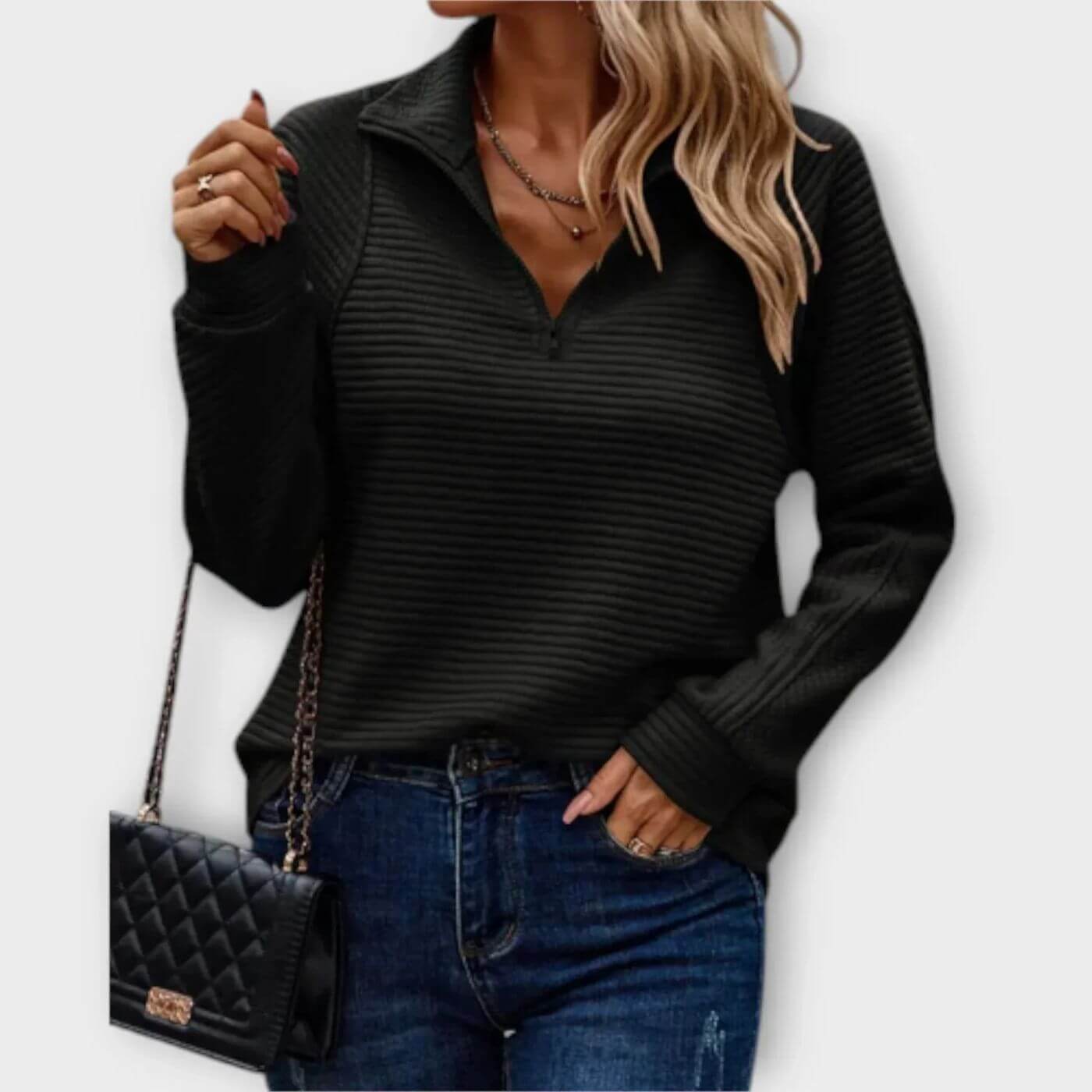 Pulovr s polo zipem pro ženy – Elegantní pletený pulovr s výstřihem do V