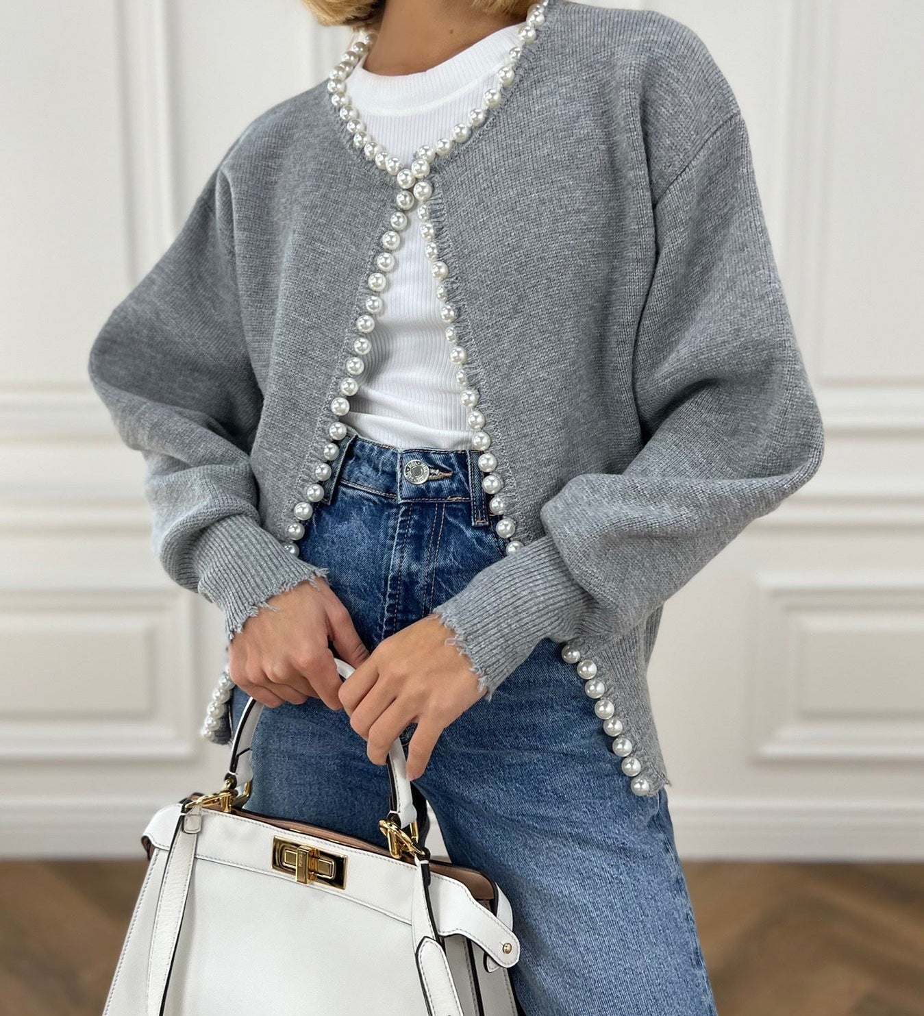 Dámský Pletený Cardigan S Perlami – Elegantní Pletenina S Dlouhými Rukávy Z Bavlněné Směsi