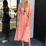 Elegantní midi šaty s barevnými květinami pro ženy – Letní styl s výstřihem do V