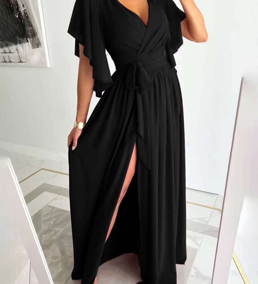 Elegantní Maxi Večerní Šaty s Bočním Rozparkem pro Ženy – Volný Střih s Výstřihem do V a Krátkými Rukávy