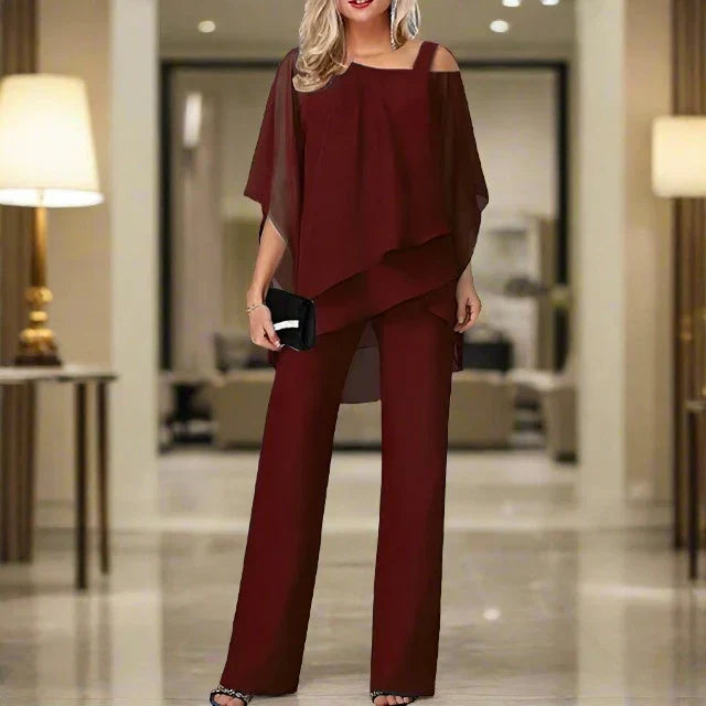 Luxusní dámský overal a asymetrická blůza z mušelínu – Elegantní lehký dvoudílný outfit