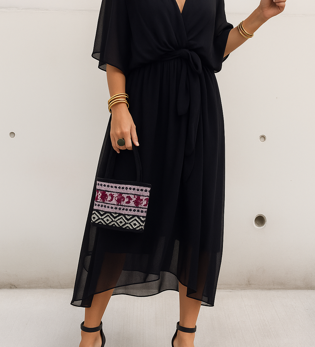 Elegantní Midi Šaty pro Ženy s Portfelem – V-krk z Chiffonu s Asymetrickým Lemem