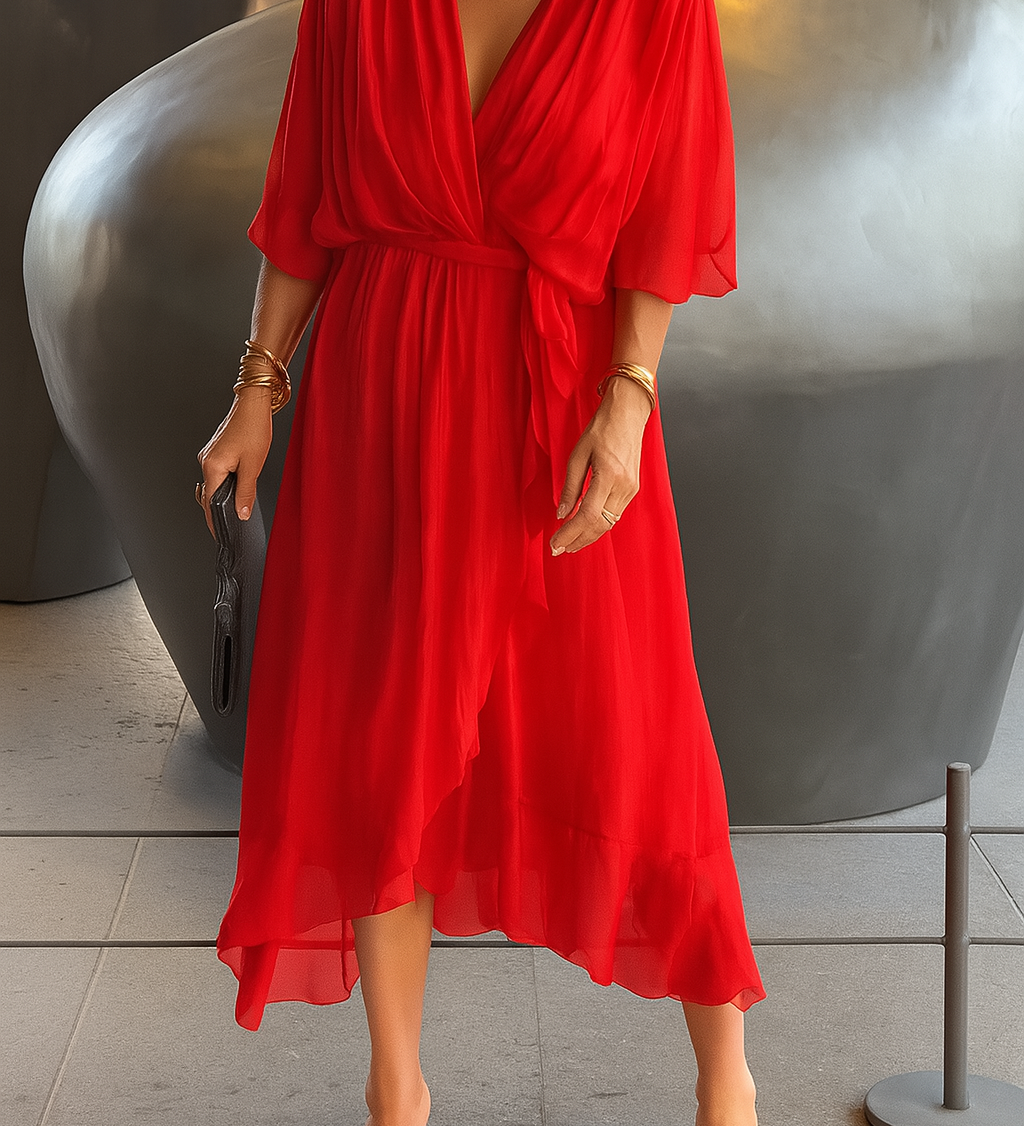 Elegantní Midi Šaty pro Ženy s Portfelem – V-krk z Chiffonu s Asymetrickým Lemem