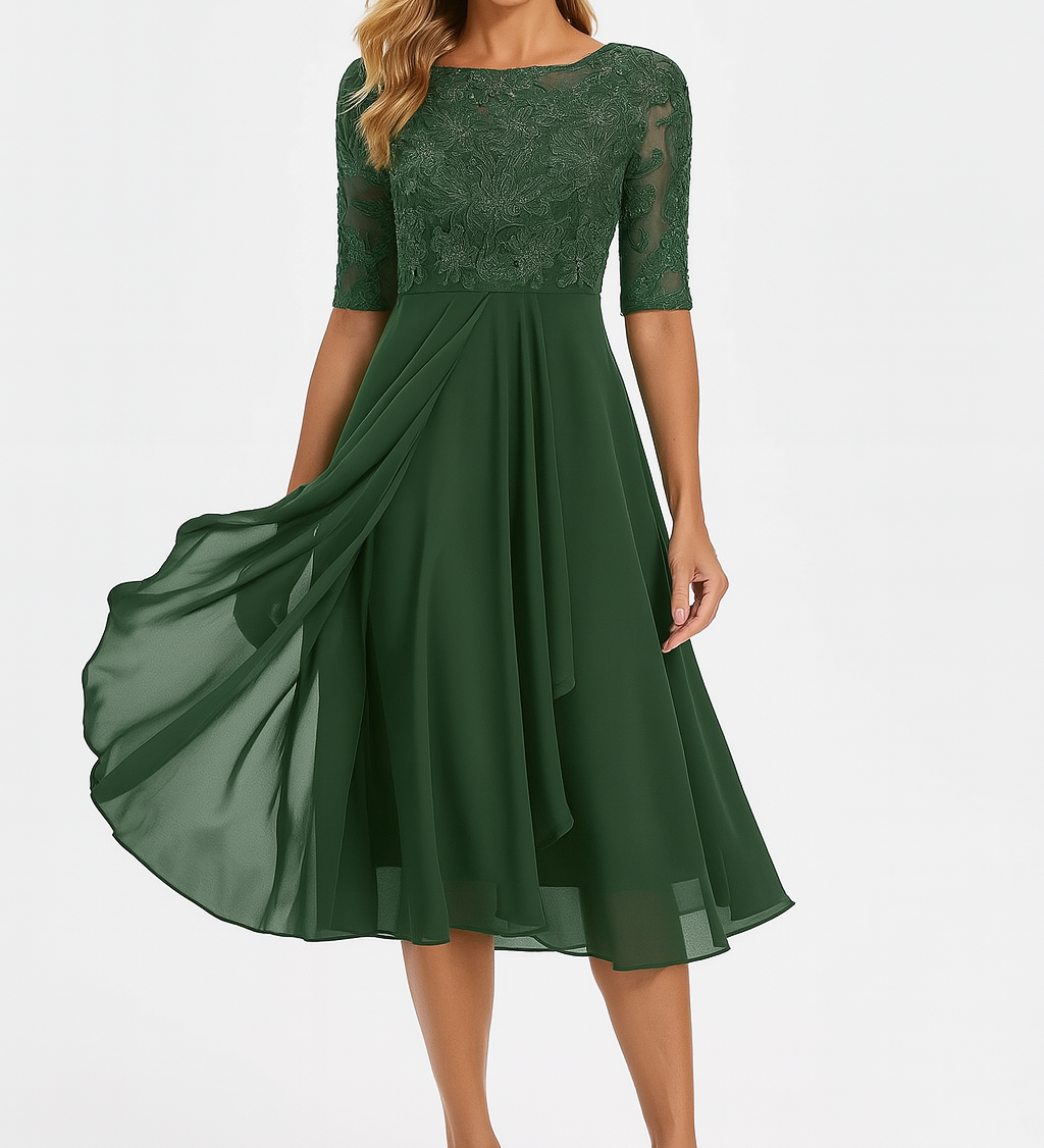 Elegantní dámská midi šaty s krátkým rukávem – Chiffon a krajka A-line
