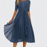 Elegantní dámská midi šaty s krátkým rukávem – Chiffon a krajka A-line