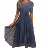 Elegantní dámská midi šaty s krátkým rukávem – Chiffon a krajka A-line