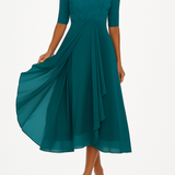 Elegantní dámská midi šaty s krátkým rukávem – Chiffon a krajka A-line