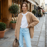 Elegantní dlouhý knoflíkový cardigan pro ženy – pohodlný svetr s kulatým výstřihem