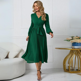 Midi šaty s plisováním pro ženy – Dlouhé rukávy, výstřih do V, elegantní styl
