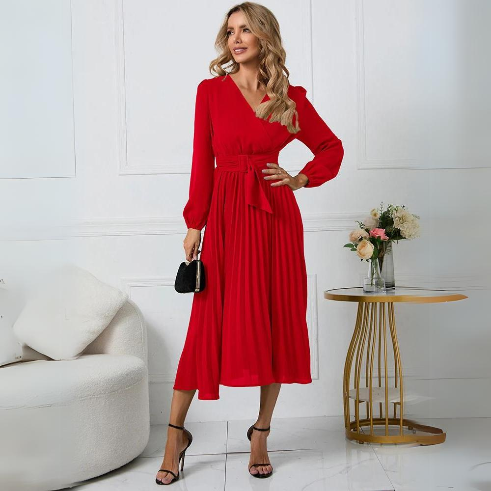 Midi šaty s plisováním pro ženy – Dlouhé rukávy, výstřih do V, elegantní styl