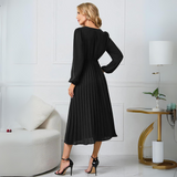 Midi šaty s plisováním pro ženy – Dlouhé rukávy, výstřih do V, elegantní styl