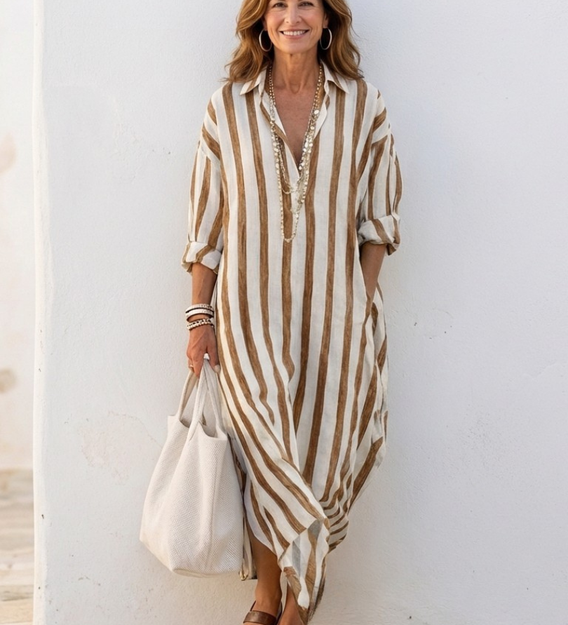 Pruhovaná midi košilová šaty pro ženy – Dlouhé rukávy a elegantní vzhled