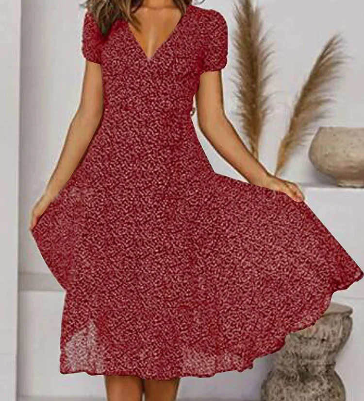 Elegantní Midi Šaty A-Linie pro Ženy – Krátké Rukávy, Výstřih do V