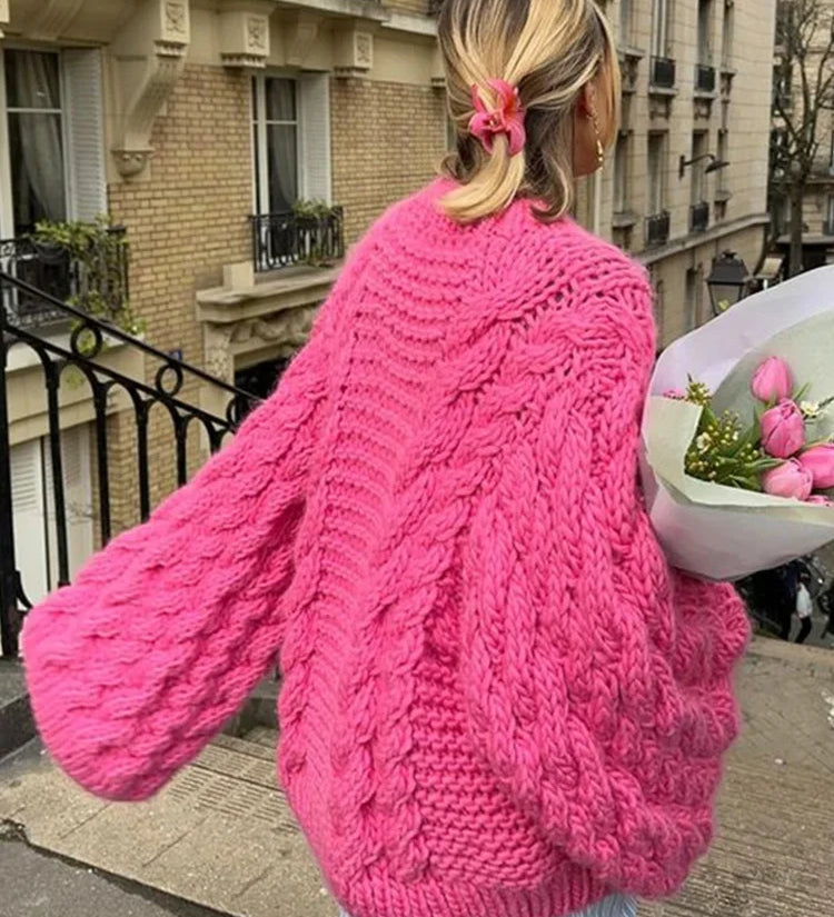 Dámský Maxi Oversize Svetr - Kabelkový Motiv s Bouffant Rukávy