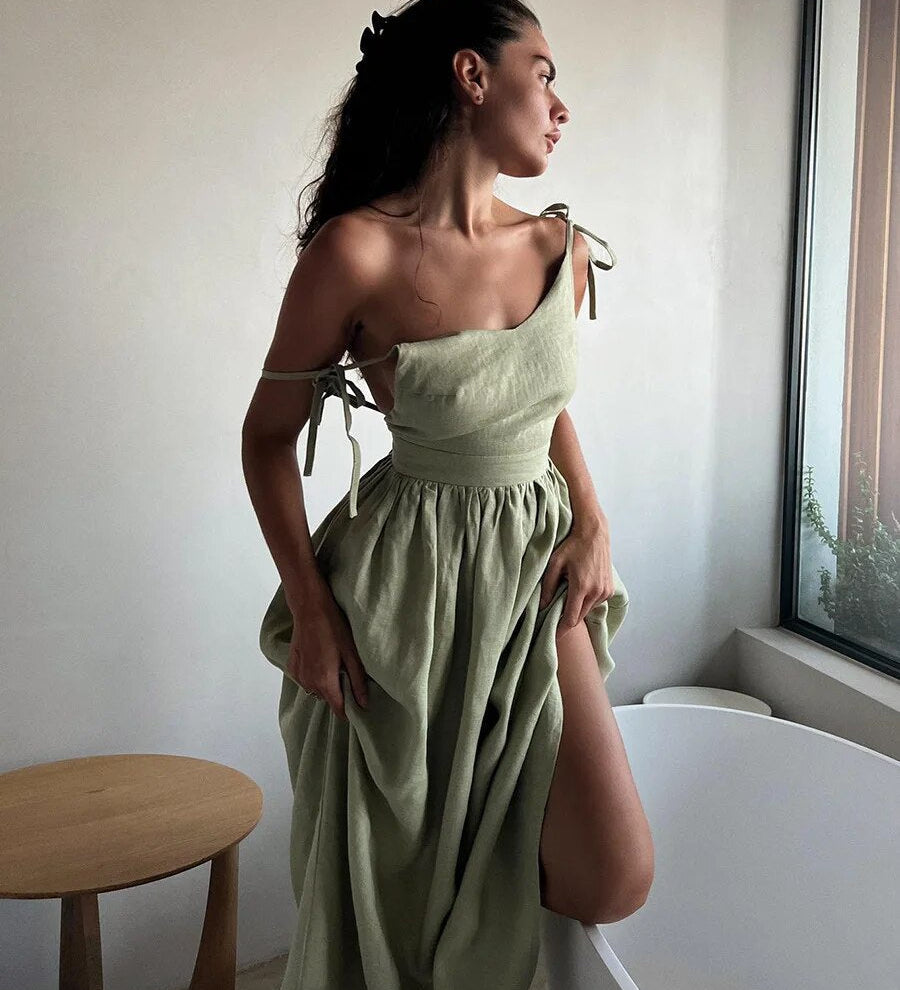 Elegantní Letní Šaty z Lnu pro Ženy – Maxi Rozšířený Střih Bez Rukávů s Odkrytou Zády