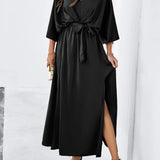 Dlouhá volná dámská šaty – Výstřih do V a široké rukávy pro elegantní vzhled