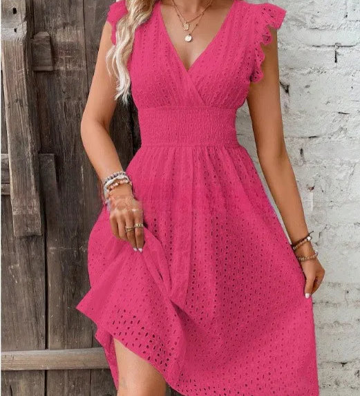 Elegantní Midi Šaty pro Ženy z Tkaniny s Očka – Výstřih do V, Rozšířený a Přiléhavý Střih