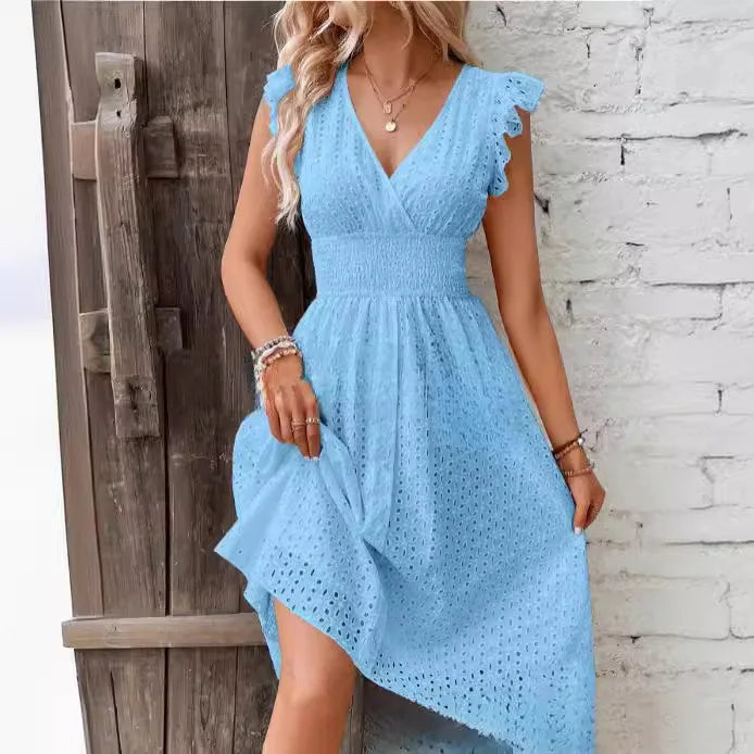 Elegantní Midi Šaty pro Ženy z Tkaniny s Očka – Výstřih do V, Rozšířený a Přiléhavý Střih