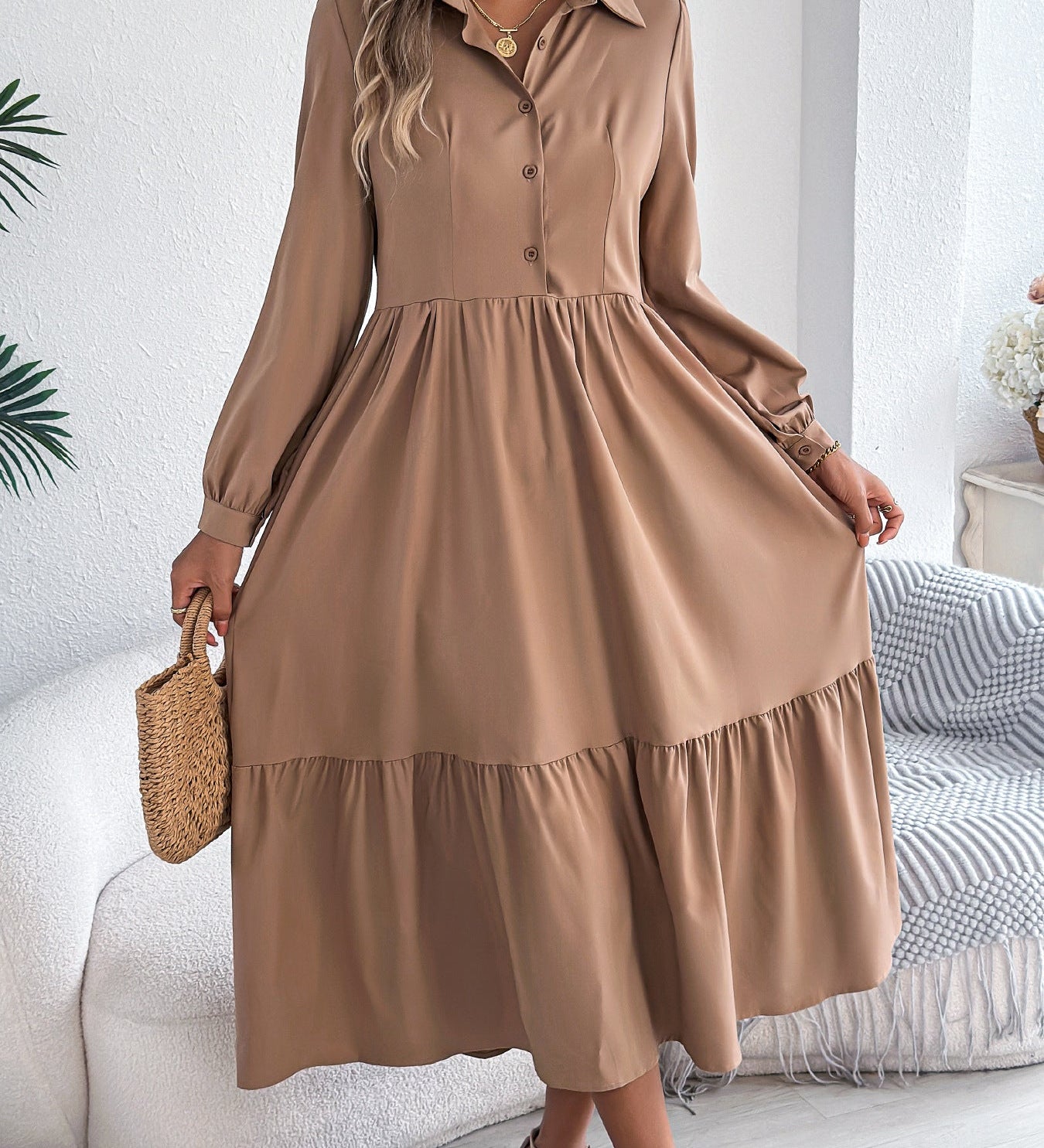 Šaty Chemise s Volány pro Ženy – Relaxovaný Střih, Dlouhé Rukávy, Elegantní Midi