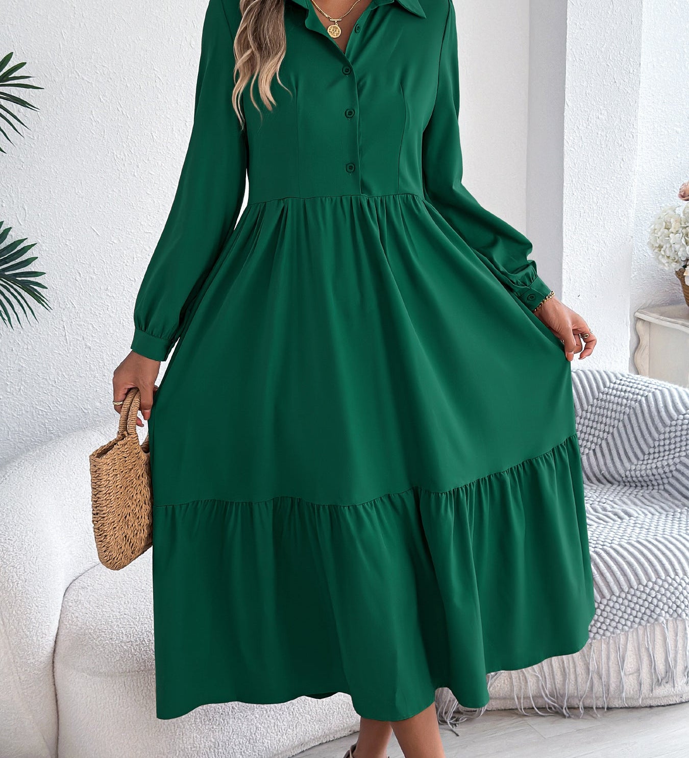 Šaty Chemise s Volány pro Ženy – Relaxovaný Střih, Dlouhé Rukávy, Elegantní Midi