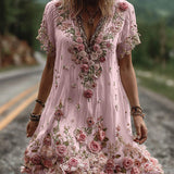 Robe Col V Brodée Fleurie – Élégance Florale et Style Romantique