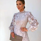 Elegantní midi šaty z francouzské krajky pro ženy – šaty s dlouhým rukávem a rozšířeným střihem