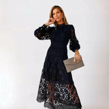 Elegantní midi šaty z francouzské krajky pro ženy – šaty s dlouhým rukávem a rozšířeným střihem
