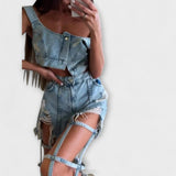Gaia - Stylový denim crop top s detaily na rameni a krátké kalhoty s roztržením