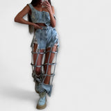 Gaia - Stylový denim crop top s detaily na rameni a krátké kalhoty s roztržením
