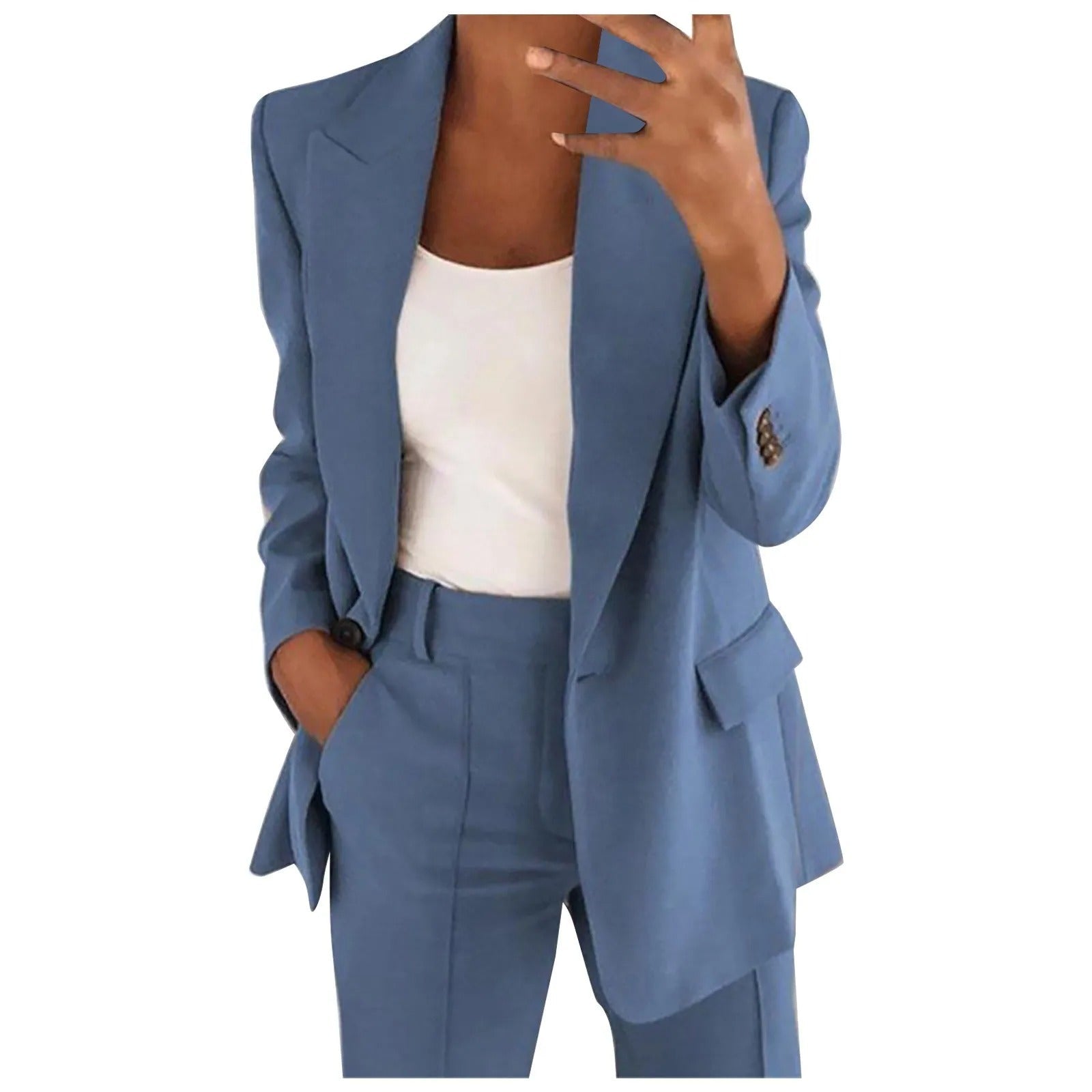 Elegantní dámský blazer a kalhoty – Jednoduchý a rafinovaný dvoudílný kostým pro práci, obchod a formální příležitosti