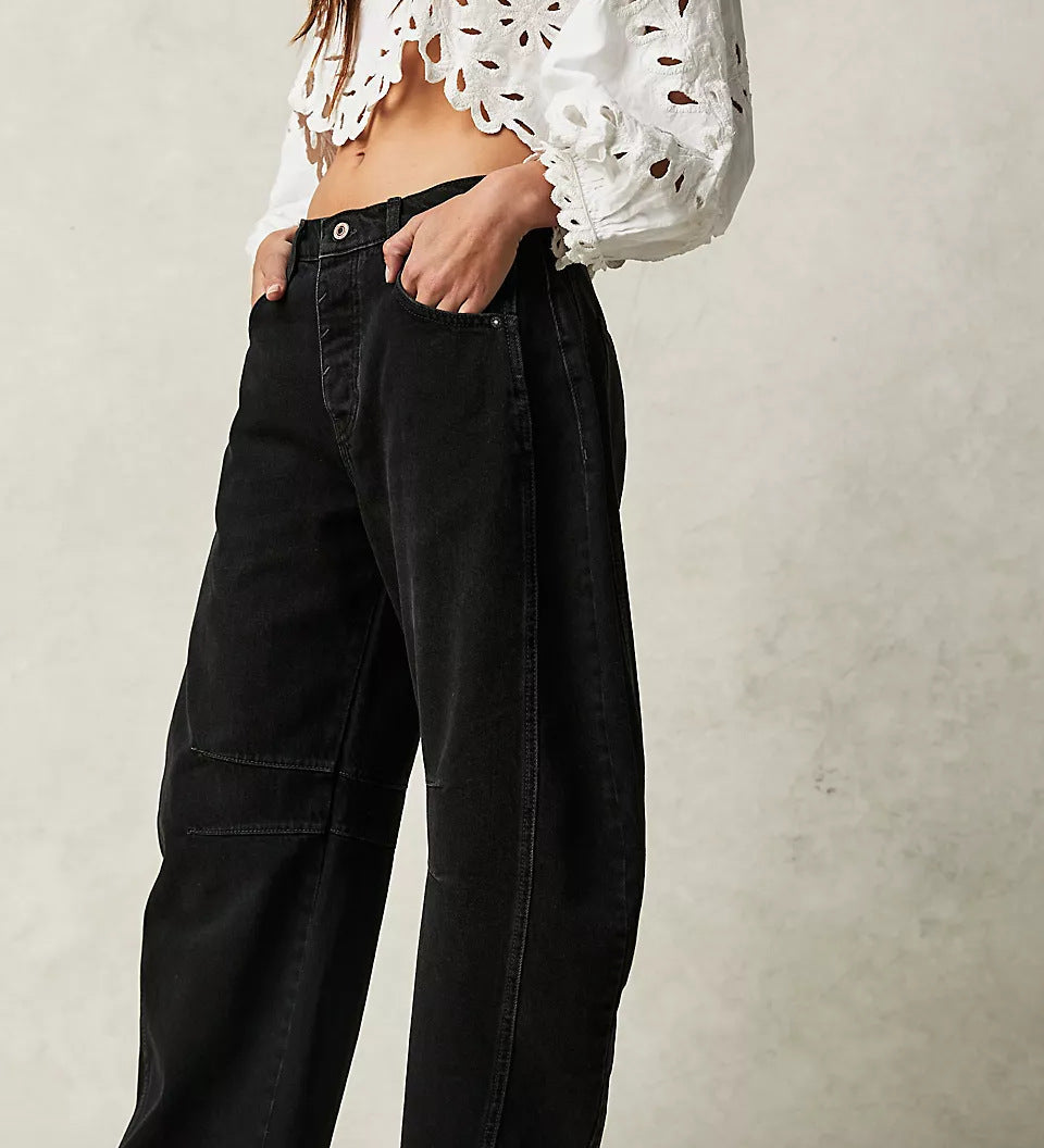 Dámské džíny Barrel Large Jambe Large Taille Moyenne Stretch – Ležérní Denim Baggy