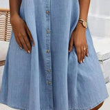 Elegantní Midi Denim Košilová Šaty pro Ženy – Ležérní Každodenní Šaty