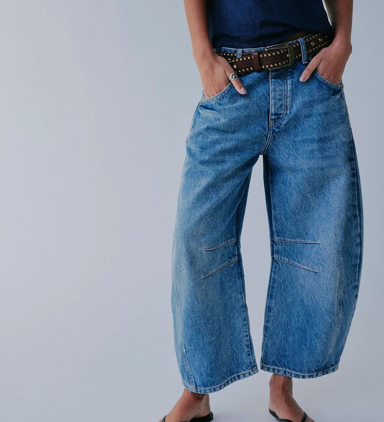 Dámské džíny Barrel Large Jambe Large Taille Moyenne Stretch – Ležérní Denim Baggy