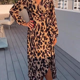 Elegantní Midi Šaty pro Ženy s Leopardím Vzorem – Maxi Portefeuille V Výstřih