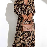 Elegantní Midi Šaty pro Ženy s Leopardím Vzorem – Maxi Portefeuille V Výstřih