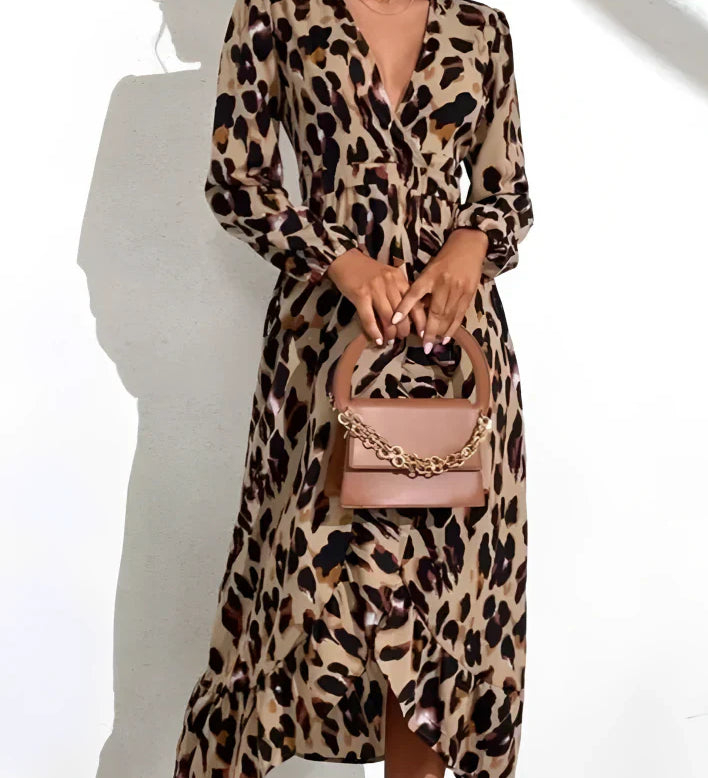 Elegantní Midi Šaty pro Ženy s Leopardím Vzorem – Maxi Portefeuille V Výstřih