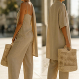Minimalistický třídílný set z lnu a bavlny – pohodlný outfit na každý den